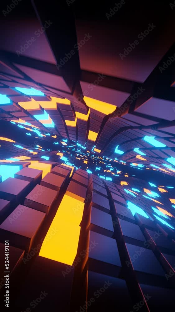 Poster Vertical 3D rendered loop video with moving cubes waves in neon glowing light background. Abstract blue and orange technologic looped tunnel. Hyperrealistic dimensional geometrical patterned visual