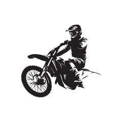 Motocross rider on enduro motorcycle, abstract isolated vector silhouette, ink drawing. Motocross rally logo, side view - obrazy, fototapety, plakaty