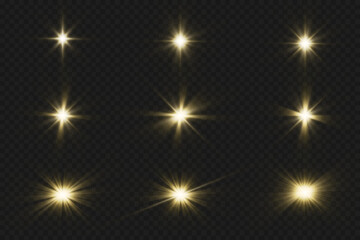 Light effects, glare, glitter, explosion, golden light, Vector illustration. shining golden stars.