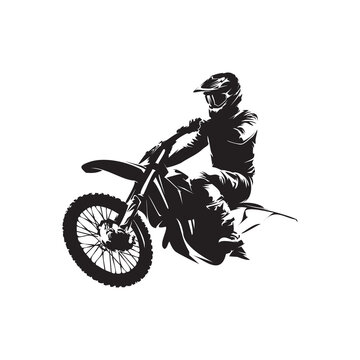 Motocross rider on enduro motorcycle, abstract isolated vector silhouette, ink drawing. Motocross rally logo, side view