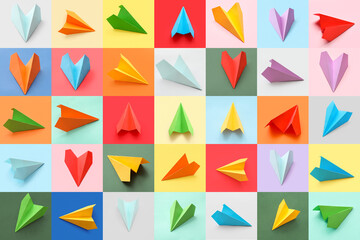 Many paper planes on colorful background
