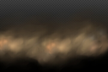 A cloud of brown dust and sand with particles of flying dry sand and dirt.Trace on a dusty road or highway from a car.Clubs of dark smoke.Realistic illustration on a transparent background.