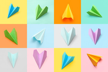 Many paper planes on colorful background