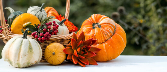 Thanksgiving day. Autumn background of colorful, decorative pumpkins, flowers and berries of...
