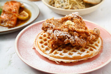Freshly cooked waffles and fried chicken fillet