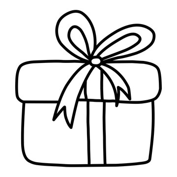 The gift box is closed and decorated with a bow. New Years surprise gift box. Hand drawing doodle. Nice, funny drawing. Black and white drawing. Vector. Icon.