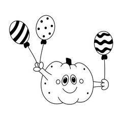 Vector doodle cartoon happy pumkin with balloons.Kid festive halloween clipart.Outline.Isolated on white background.