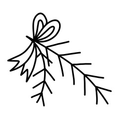Spruce branch tied with a bow. Black and white illustration in Doodle style. One piece for Christmas design. beautiful vector illustration. Sketch drawn by hand.