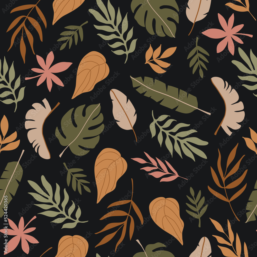 Poster autumn colorful seamless pattern of different abstract tropical leaves on a black background. botani