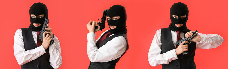 Set of young woman in balaclava and with gun on red background