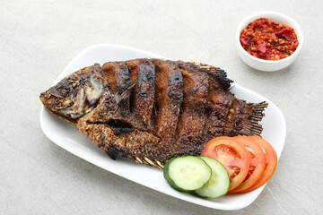 Gurame Bakar Madu, Grilled Gourami with honey and soy sauce. Served with sambal (chilli sauce), cucumber and tomatoes in white plate.