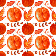Watercolor pattern, red apples and leaves, lettering on white background. Pattern for autumn products, Thanksgiving etc.