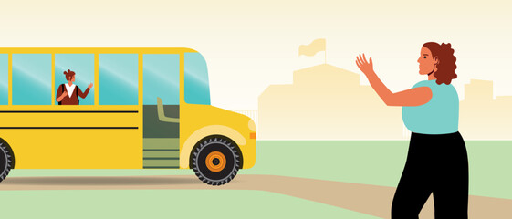 Naklejka premium Parent meets child from school outside school bus, flat vector stock illustration with family support, mother and schoolgirl