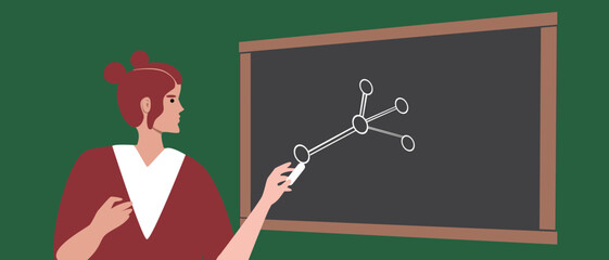 Schoolgirl with chalk at blackboard, flat vector stock illustration with study of chemistry