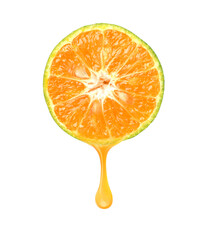 Tangerine orange juice dripping isolated on white background. Clipping path.