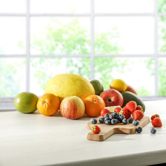 Desk of free space and window in home interior. 