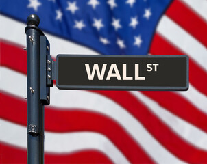 Black Wall Street Sign in Manhattan New York on US American flag background 
