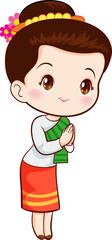 cute thai traditional woman sawasdee in cartoon character