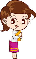 cute thai traditional woman sawasdee in cartoon character