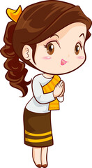 cute thai traditional woman sawasdee in cartoon character