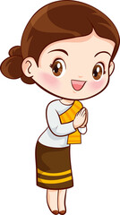 cute thai traditional woman sawasdee in cartoon character