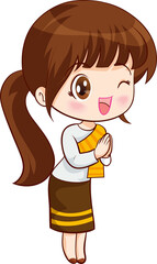 cute thai traditional woman sawasdee in cartoon character