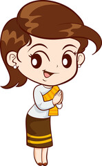 cute thai traditional woman sawasdee in cartoon character