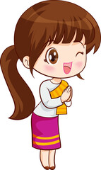 cute thai traditional woman sawasdee in cartoon character