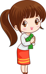 cute thai traditional woman sawasdee in cartoon character
