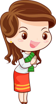 cute thai traditional woman sawasdee in cartoon character
