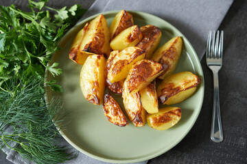 Baked potato slices on a green plate with herbs.