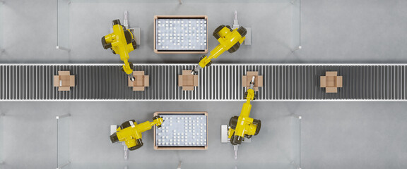 Robots at a conveyor belt packing items into cardboard packages. Top view. - obrazy, fototapety, plakaty