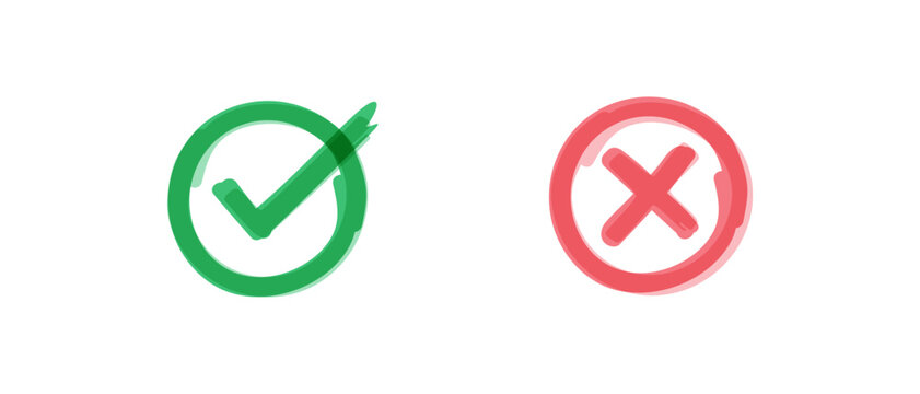 Hand Drawn Green Check Mark and Red Cross Set, Isolated on White Background. Felt Tip Pen Design.