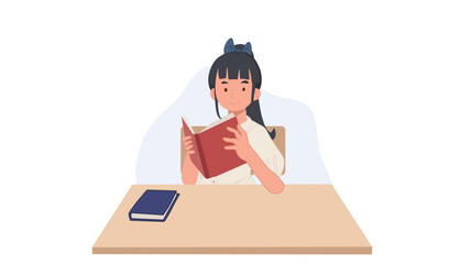 girl in student Uniform is reading a book. Asian student. Vector illustration.
