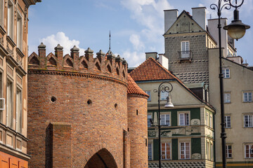 Barbican historical fortifications in Old Town of Warsaw, capital city of Poland