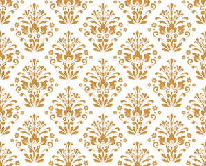 Wallpaper in the style of Baroque. Seamless vector background. White and gold floral ornament. Graphic pattern for fabric, wallpaper, packaging. Ornate Damask flower ornament