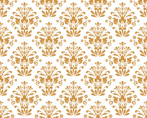 Wallpaper in the style of Baroque. Seamless vector background. White and gold floral ornament. Graphic pattern for fabric, wallpaper, packaging. Ornate Damask flower ornament