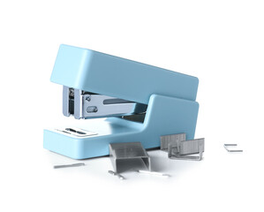 Blue stapler with staples on white background