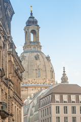 Fototapeta na wymiar Church of Our Lady at Neumarkt square in downtown of Dresden in summer sunny day with blue sky, Germany, details, closeup.