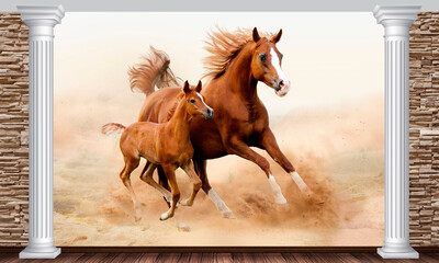 Horse and foal galloping through the desert. Photo wallpapers for printing.
