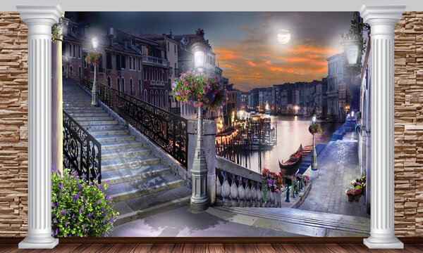 Digital collage, Venice at night, streets in the lights of night lighting. Photo Wallpaper, Mural.