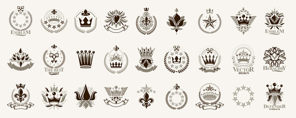 Heraldic Coat of Arms with Lily Flower and crowns symbol vector big set, vintage antique heraldic badges and awards collection, symbols in classic style design elements, De Lis. © Sylverarts