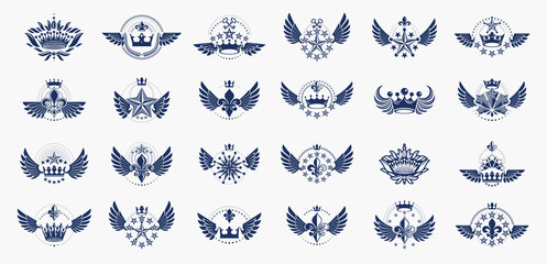 Fototapeta premium Crowns vintage heraldic emblems vector big set, antique heraldry symbolic badges and awards collection with coronets, classic style design elements, family emblems.