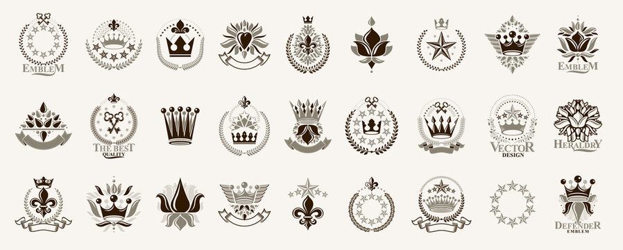 Heraldic Coat of Arms with Lily Flower and crowns symbol vector big set, vintage antique heraldic badges and awards collection, symbols in classic style design elements, De Lis.