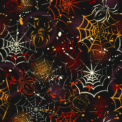 Seamless pattern in grunge style with spiders, spiderweb, paint brush strokes, blots, round halftone shapes. Bright decoration for Halloween holiday. Dense random chaotic composition.