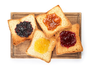 Wooden board of toasts with sweet jam on white background