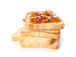Stack of toasts with sweet jam on white background