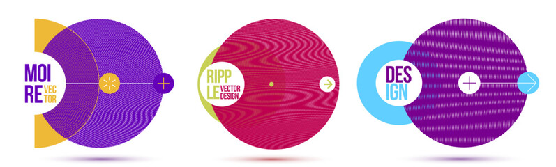 Graphic design elements vector set, moire trendy layouts with circles, posters and covers abstract modern art, optical art banners.