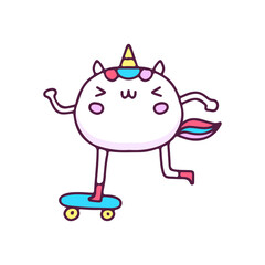 Kawaii unicorn playing skateboard, illustration for t-shirt, street wear, sticker, or apparel merchandise. With doodle, retro, and cartoon style.