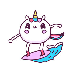 Summer unicorn surfing, illustration for t-shirt, street wear, sticker, or apparel merchandise. With doodle, retro, and cartoon style.